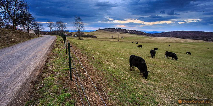 Ostrôžky - podvečerní krajina nad vesničkou Praha