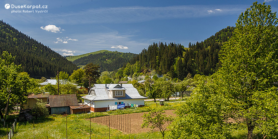 Vesnička Usteriky a pohled na blízkou hriňavskou poloninu